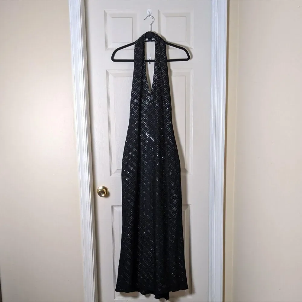 Vtg 98 Jessica McClintock Blk Metallic Mermaid Gown Sz 6 | Y2K Prom Formal Glam - Picture 3 of 16